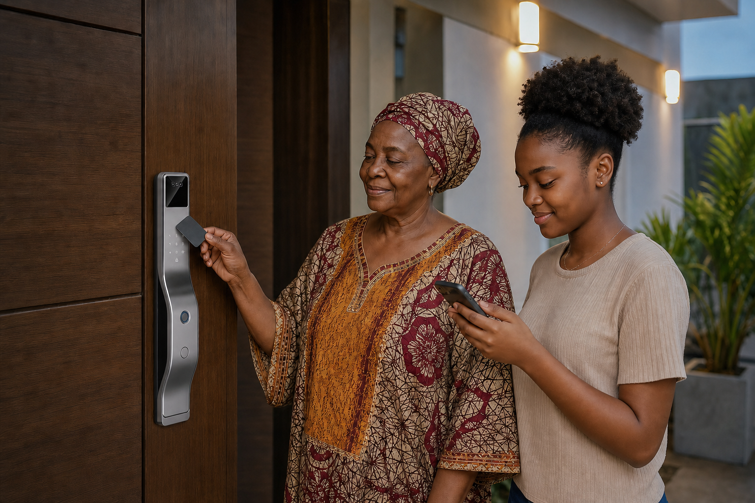 Family access scene with AROVENIQ smart lock