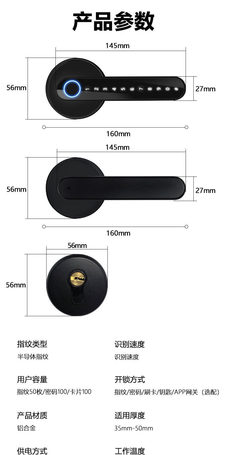 Supplier handle dimensions marked 160, 145, 56 and 27 millimetres